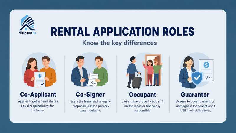 Comparison of co-applicant, co-signer, occupant, and guarantor roles in a rental application