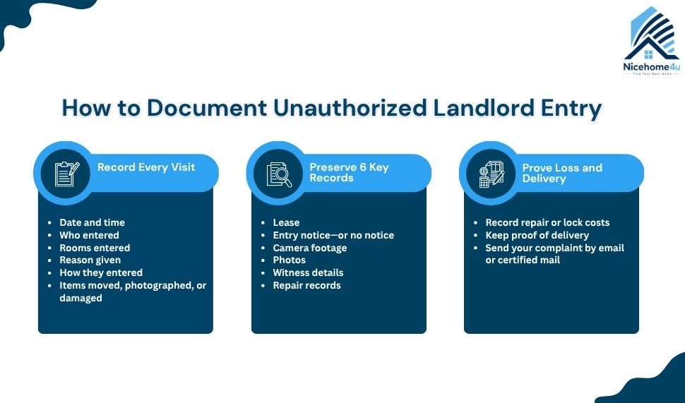 Infographic showing how tenants can record unauthorized landlord entry, preserve evidence, and prove damages and delivery